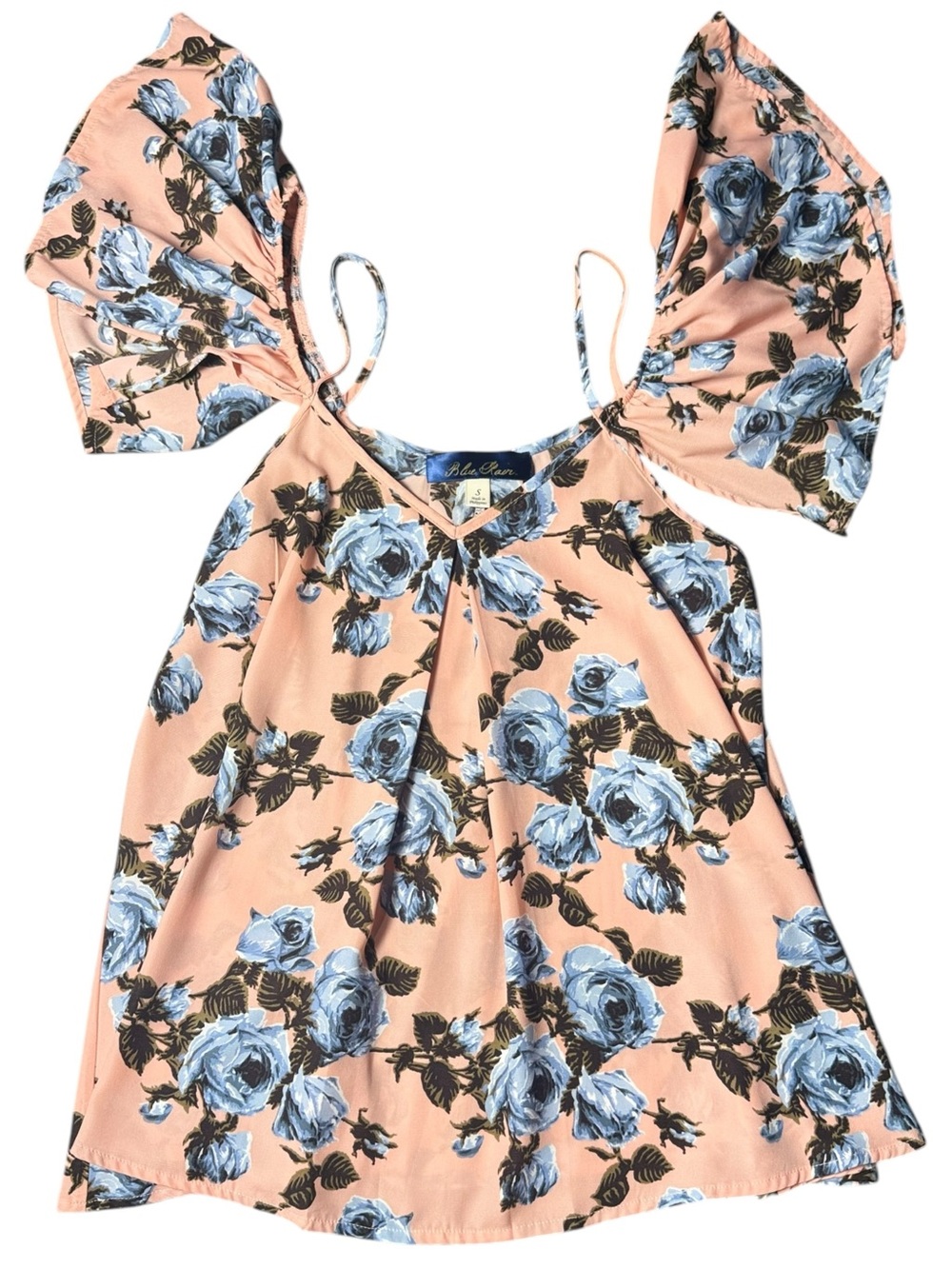 Francesca’s Blue Rain Size S off the shoulder Floral Flutter-Sleeve- Peach
